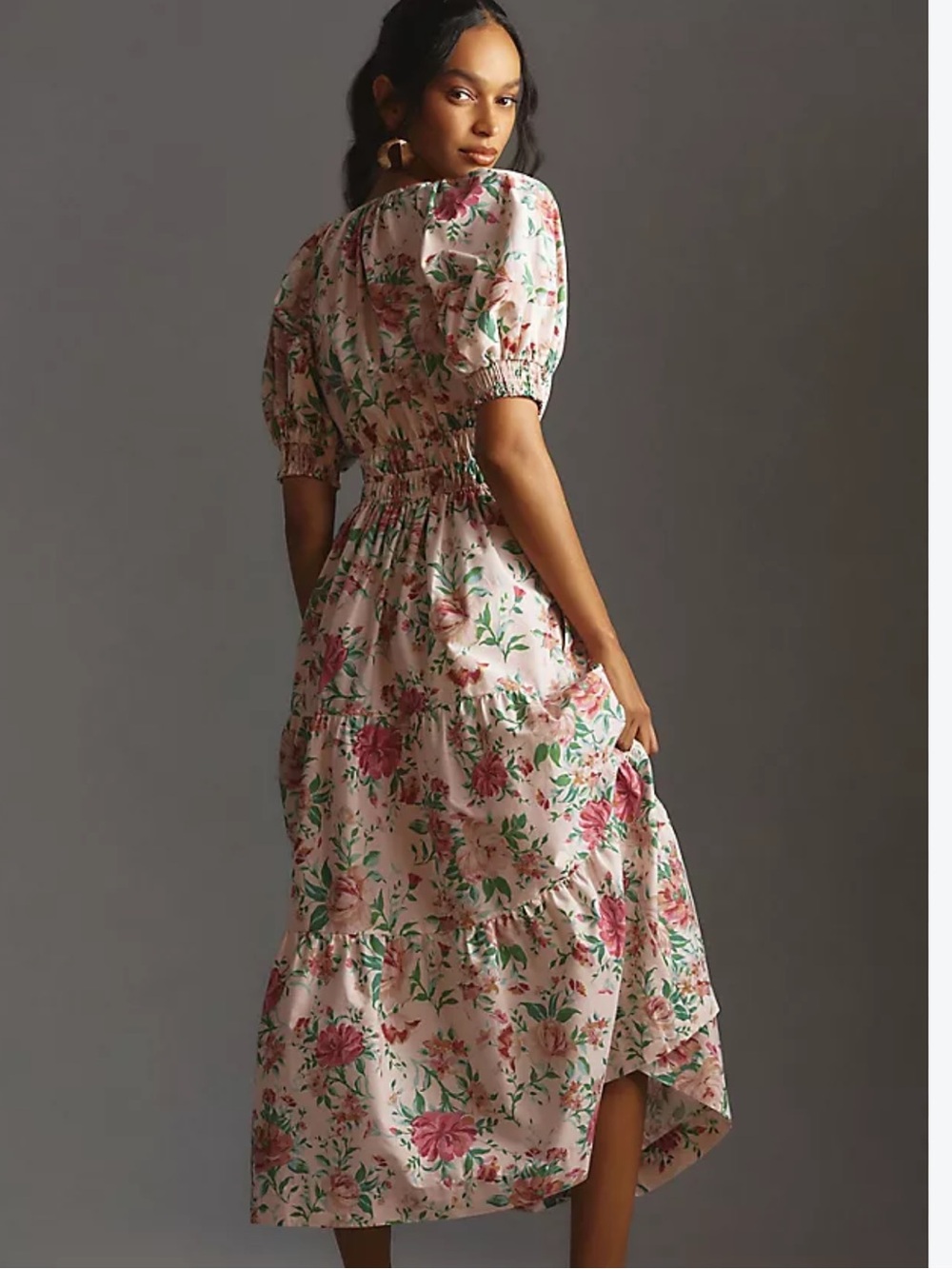 Anthropologie Pink Floral Puff-Sleeve High-Low Dress